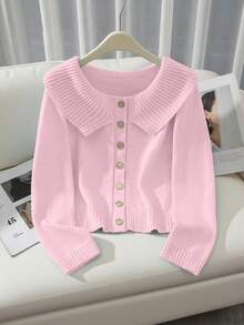 Franclia Button Decor Solid Color Knit Casual Long Sleeve Versatile Off Shoulder Sweater - Pink - View 6