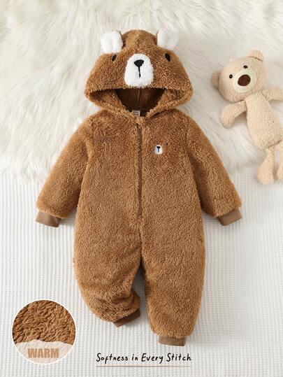 Cozy Pixies Baby Girl Cartoon Bear Pattern Contrast Color Thermal Lined Hooded Long Sleeve Jumpsuit, Thermal Lined Thick Jumpsuit, Bear Jumpsuit Baby Teddy Bear Outfit Baby Romper Bear Toddler 2 Piece Winter Fur Clothing Baby Coat Jumpsuit