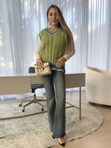 Cioccolato 條紋飾邊下擺開叉毛衣背心不帶襯衫 - 橄欖綠 - 查看 5