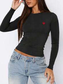 INAWLY Women's Casual Versatile Simple Long Sleeve T-Shirt, Autumn - Black - View 3