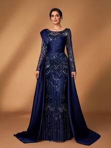 Serin Váy maxi dài đuôi cá tay dài bằng vải satin đính cườm và sequin sang trọng, thanh lịch, có viền xòe, thích hợp cho đám cưới, tiệc tùng, kỳ nghỉ, dạ tiệc, tiệc chia tay cuộc sống độc thân, váy dạ hội cho mẹ cô dâu - Màu xanh hải quân - Xem 6