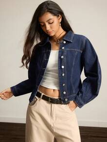 Easelle 女士休闲通勤弯袖牛仔夹克 - 深色水洗藍 - 查看 5