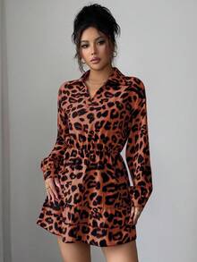 Elenzga Fashionable Commuter Leopard Print Ruffle Hem Long Sleeve Mini Dress - Rust Brown - View 6