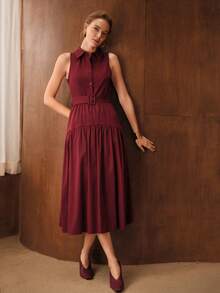 MOTF PREMIUM HALF BUTTON RUFFLE HEM DRESS - Red - View 1