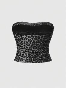 ROMWE J-Fashion Y2K原宿风豹纹蛋糕裙短裤抹胸两件套，大码 - 黑色 - 查看 7