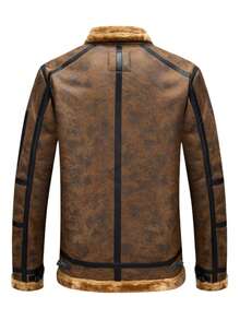 Manfinity Homme Men's Long Sleeve Fluffy Collar Zip-Up Casual Jacket, Autumn/Winter, Men Brown Jacket, Men Winter Jacket, Men Casual Jacket, Men Outerwear - Brown - View 2