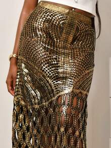 Mima John Váy ren thắt nút thanh lịch thêu kim tuyến vàng, thích hợp cho mùa hè, bãi biển, lễ hội, ngày lễ - màu đen - Xem 3