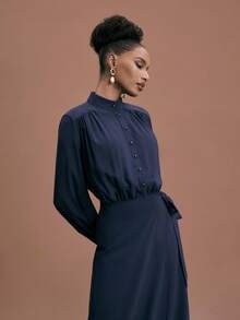 JIAN LASALA Mock Neck Button-Up Elastic Waist Lantern Sleeves Wrap Tie Chiffon Jumpsuit Women Casual Wear Elegant Jumpsuits Navy Blue Jumpsuit Modest Jumpsuit Jumpsuits For Woman Wide Leg Dress Modest Long Sleeve Long Dress Navy Blue Jumpsuit Women Formal Jumpsuit - Navy Blue - View 5