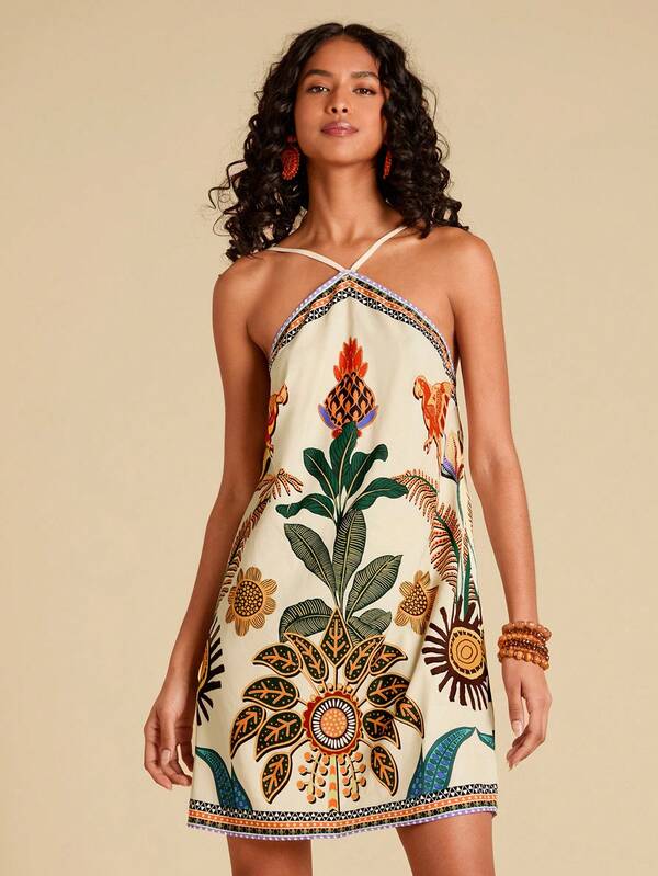 Travachic Tropical Print Backless Halter Neck Dress, Vacation & Casual