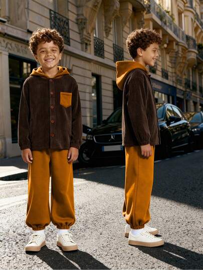 SHEIN Explorewe Autumn And Winter New Arrival Boys' Corduroy Suit, Plush And Thickened Two-Piece Suit, Fashionable Casual Sweatshirt Jacket + Leggings