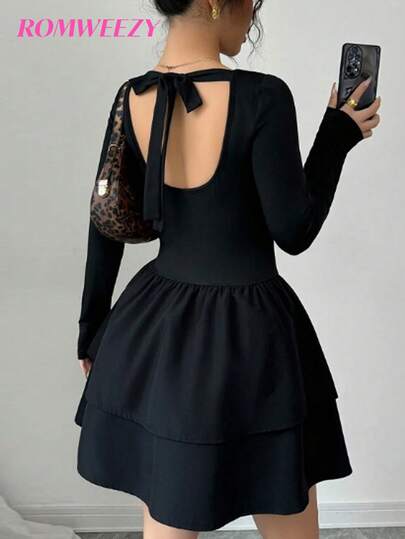 Teen Girls' Casual Solid Color Round Neck Long Sleeve Dress, Autumn