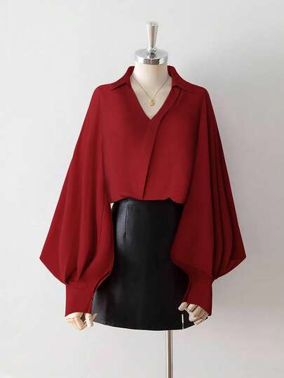 GlowEve CURVE 大码优雅复古灯笼袖修身百搭通勤舒适柔软V领衬衫，适合情人节穿着。