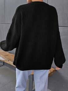 EURMUSE Casual Solid Color Drop Shoulder Sweater, Autumn/Winter - Black - View 3