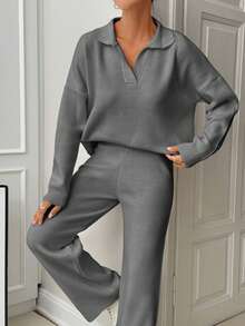 EURMUSE Woman Loose Fit Comfy Warm Thick Polo Neck Sweater And Pants Co-Ords Two Pieces Set - Grey - View 8