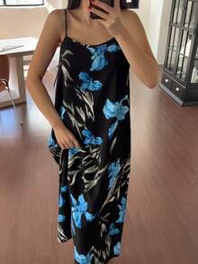 DAZY Váy dài nhẹ họa tiết hoa cho nữ, phong cách du lịch - Màu xanh lam - Xem 3