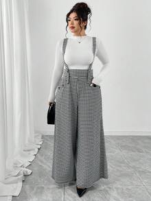 Elenzga Calça de Perna Larga com Estampa Floral Xadrez Houndstooth em Tecido Texturizado Tricotado de Plus Size com Bolsos Reais, Macacão de Cintura Alta com Perna Flare, Elegante para Saídas, Reuniões, Calça Utilitária Casual Versátil para Uso Diário - Preto e Branco - Visão 5