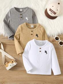 SHEIN 3 Stücke Baby Jungen/Mädchen Rundhals Strick T-Shirt, Pferde Muster, Passend für Herbst/Winter, Zuhause, Outdoor, Schule - Verschiedenfarbig - Übersicht 6