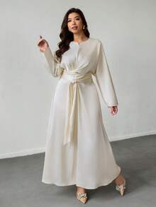 Firerie 大码纯色简约长袖系腰休闲连衣裙 - 杏色 - 查看 5