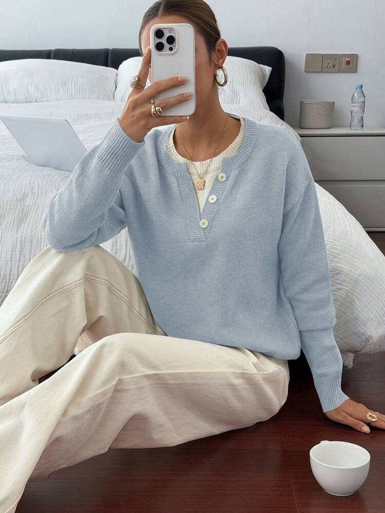 Casual Color Block Henley Neck Pullover, Soft Knit 2 In 1 Sweater For Women