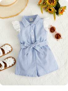 Pelele de verano informal para bebé niña con botones, manga corta y estampado de rayas - Azul y blanco - Ver 1