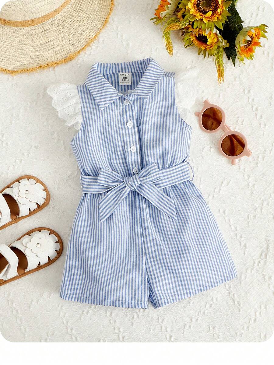 Pelele de verano informal para bebé niña con botones, manga corta y estampado de rayas - Azul y blanco - Ver 1