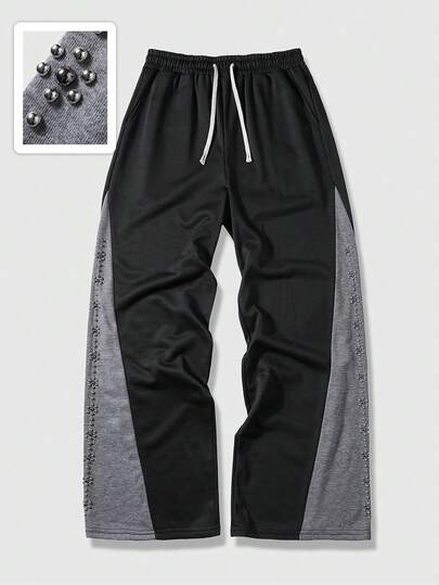 ROMWE MEN Street Life Pantalones de chándal casuales de pierna ancha con cordón de cintura y decoración de cuentas de color contrastante para hombres