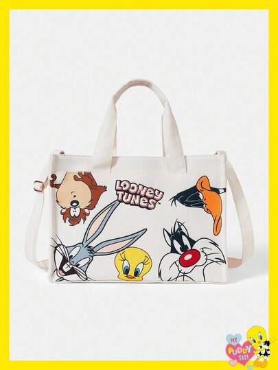 LOONEY TUNES X SHEIN 卡通人物图案大容量手提包，可调节肩带白色斜挎包，Y2K风格手提包，适合上学和购物。