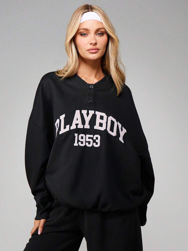 Missguided x Playboy Oversized Button Detail Varsity Sweatshirt For Women Long Sleeve Crew Neck Pullover