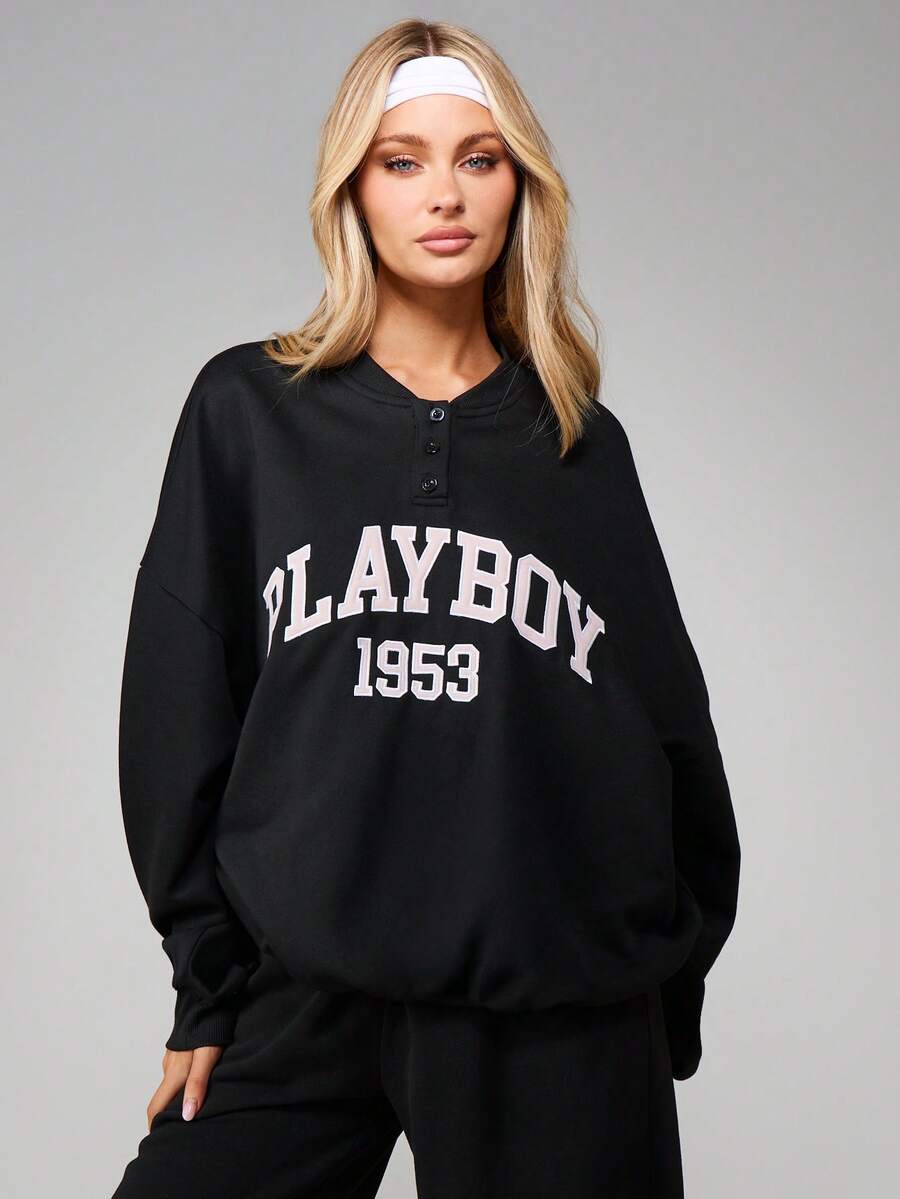 Missguided x Playboy 女士超大纽扣细节棒球卫衣,长袖圆领套头衫 - 黑色 - 查看 1