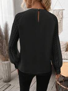 EMERY ROSE Women's Round Neck Contrast Lace Raglan Sleeve Elegant Blouse  Office Wear For Women Vacation Outfits Women - Black - View 2