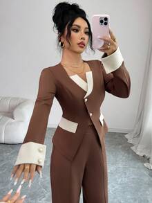 SHEIN Elenzya Women's Elegant Brown Contrast Color Casual/Office/Formal Suit Set, Autumn - Brown - View 5