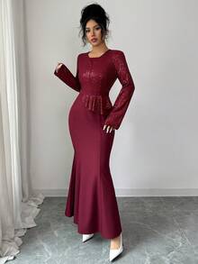 SHEIN Raffinéa 女士优雅高贵的酒红色亮片拼接鱼尾下摆修身连衣裙，适合晚宴、庆典和节日场合。 - 酒紅色 - 查看 6