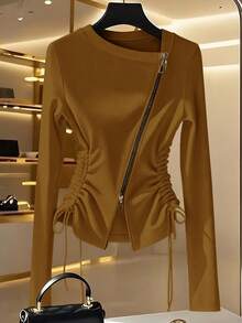 Franclia 时尚法式风情侧边收腰不对称领金属拉链白色女士长袖T恤，春秋季 - 黃色 - 查看 3