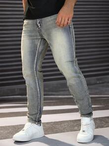 Manfinity Homme 男士口袋紧身休闲百搭牛仔裤 - 淺色水洗藍 - 查看 6
