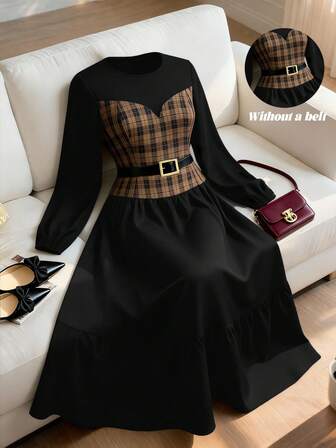 SHEIN Elenzya 大码女式优雅圆领长袖格子拼接腰部A字长裙，适合秋冬季休闲、通勤、派对穿着。