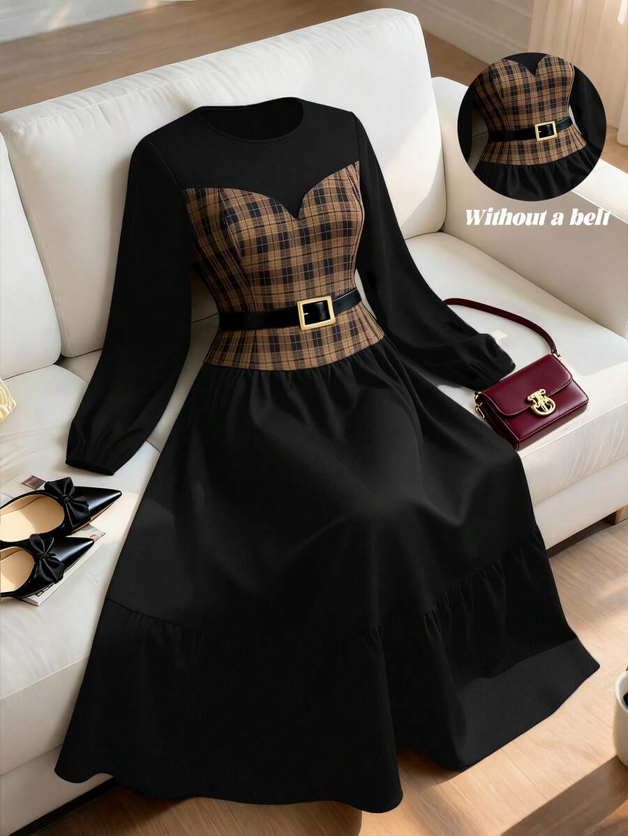 SHEIN Elenzya 大码女式优雅圆领长袖格子拼接腰部A字长裙，适合秋冬季休闲、通勤、派对穿着。 - 黑色 - 查看 1