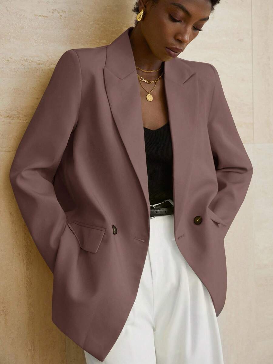 Aveloria Modichic Women's Business Style Solid Color Double-Breasted Blazer Jacket For Commuting, Autumn - Pink - View 1