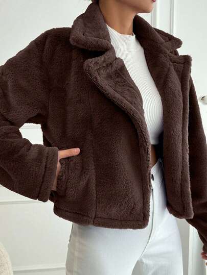 EURMUSE Women's Solid Color Fluffy Drop Shoulder Long Sleeve Short Warm Versatile Jacket