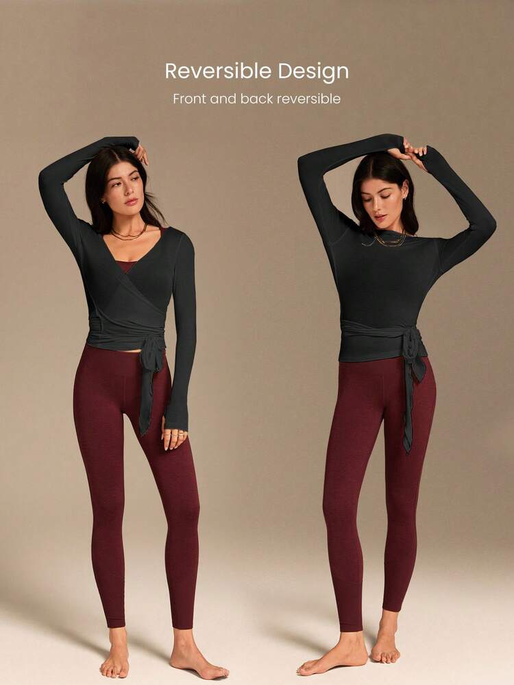 Tencel Wool Flex Down Soft Warm Cozy Rerversible Tie-Waist Hip-Length Long Sleeve V-Neck Wrap Top Autumn Winter Yoga Pilates Studio Daily Casual Wear