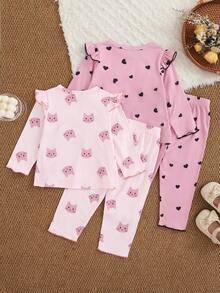 SHEIN 女婴春秋季套装，2件套，粉色小猫卡通印花圆领长袖荷叶边肩部设计上衣搭配裤子，爱心印花圆领长袖荷叶边肩部设计上衣搭配裤子，4件套，舒适可爱休闲装 - 粉色 - 查看 2