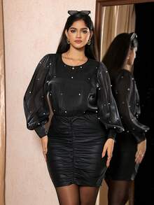 Zelara 2pcs Plus Size Set: Beaded Top & Solid Color A-Line Skirt Black Dress Winter New Year Dress Party Graduation Elegant Stylish Women's Blouse Sequin - Black - View 8
