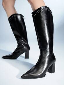 Sugerpunk Women's Autumn Fashion Rivet Detail Pointed Toe Chunky Heel Knee-High Boots - Black - View 6