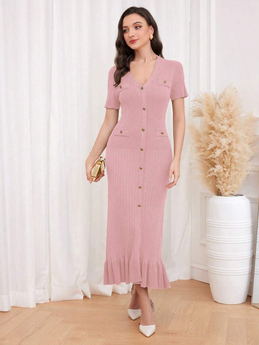 Modelyn Burgundy Red Women's Solid V-Neck Short Sleeve Single-Breasted Maxi Elegant Knitted Sweater Dress - Baby Pink - View 1