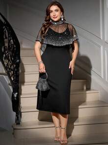SHEIN Clasi Große Größen Damen Zweiteiler: Eleganter Schal mit Strass-Verzierung und schwarzes Kleid, perfekt für Partys und Veranstaltungen. Herbstmode für Damen in Große Größen, elegante Kleidung, Festtagsoutfit, Damen Partykleid, Weihnachtsparty Kleid, Damen Festkleid, Partykleid, Weihnachtsparty Kostüm. - Schwarz - Übersicht 7