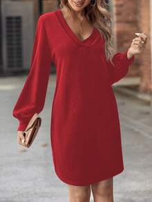 SHEIN 新款黑色V领灯笼袖休闲连衣裙，秋季款 - 紅色 - 查看 4