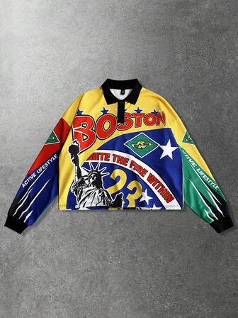 Street Life Sudadera casual de manga larga con cuello polo, estampado digital de letras y pentágrama para hombres