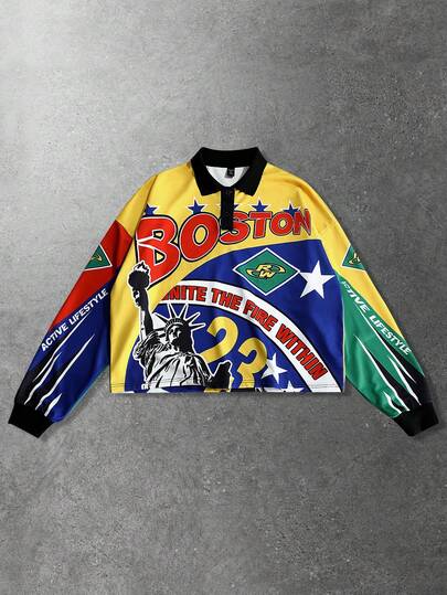 Street Life Men's Digital Letter & Pentagram Print Polo Collar Long Sleeve Sweatshirt