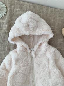 Newborn Baby Girl's Thick Hooded Jacket With Furry Heart Pattern, For Autumn And Winter - Beige - View 5