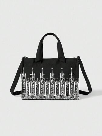 Gothic Castle Print Large Capacity Tote Bag, Adjustable Strap Black Crossbody, Y2K Aesthetic Handbag For School & Art Events