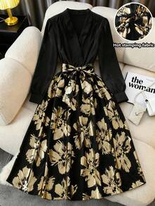 Franclia Robe d'automne pour femmes à manches longues, col en V, taille cintrée, avec imprimé floral doré sur le bas, style mode et polyvalent - Noir - Voir 1